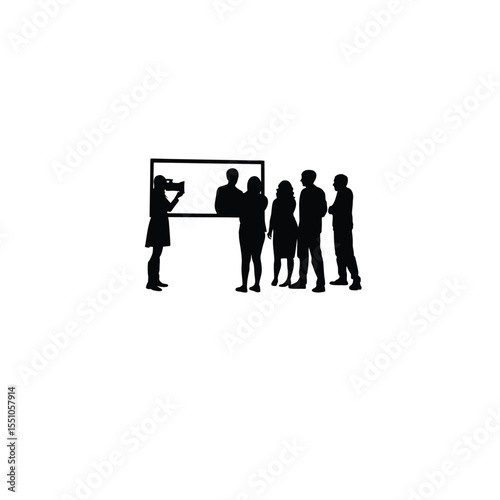 Silhouette of a group attending a virtual photography workshop on white background
