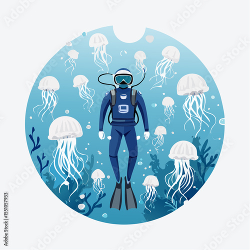 A scuba diver surrounded by dozens of translucent jellyfish in a magical underwater moment, captured in sharp wide-angle realism.