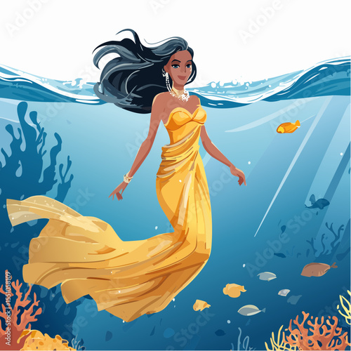A woman in a glowing golden dress floats underwater in serene stillness, her pose calm and dreamlike in the surrounding blue.