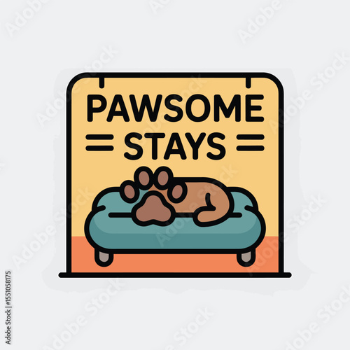 Brown Dog Relaxing on Teal Pet Bed in Front of Pawsome Stays Sign Yellow Background Orange Accents Line Art Style Illustration
