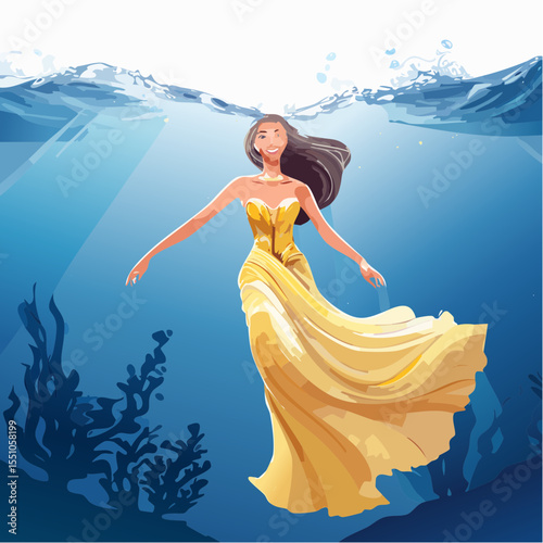 A woman in a glowing golden dress floats underwater in serene stillness, her pose calm and dreamlike in the surrounding blue.