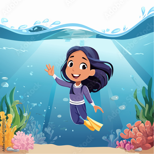A young girl underwater reaches toward the light breaking through the surface, caught in a calm moment between motion and stillness.