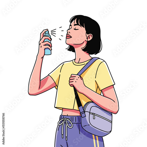Young Woman Refreshing Her Face with a Hydrating Mist Spray, Beauty and Wellness