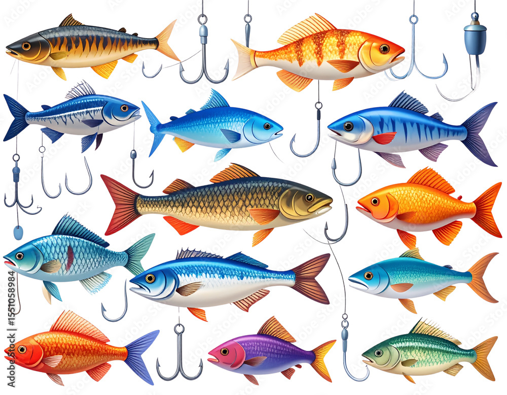 Naklejka premium Illustrated Fishing Hooks and Colorful Fish Set, Transparent Background
