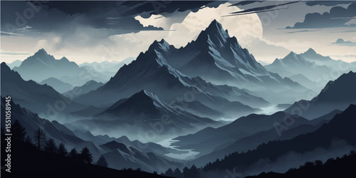 Breathtaking mountain landscape with a misty sunrise or a fiery sunset, offering panoramic views of snow-capped peaks and valleys under a vast sky
