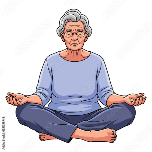Senior Woman Practicing Yoga - Meditation for Seniors Illustration Vector Art
