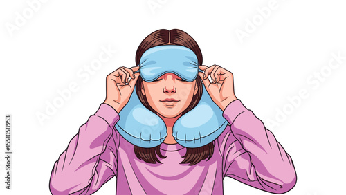 Woman wearing sleep mask and neck pillow, travel comfort essentials, relaxing vector illustration