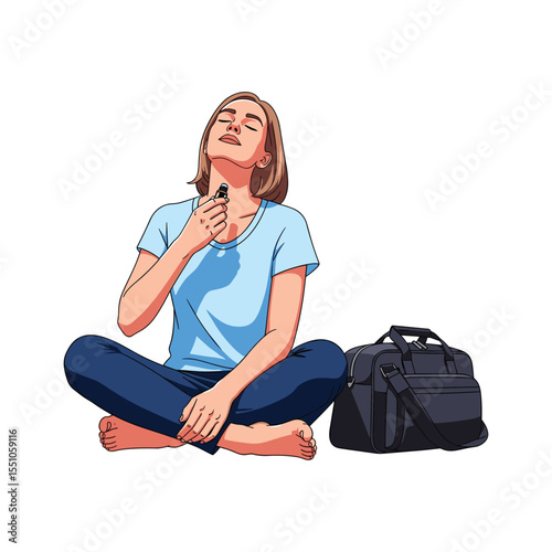 Woman applying perfume on neck while seated in yoga pose with travel bag aside