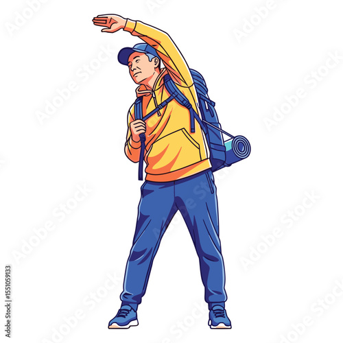 Active Hiker Stretching Outdoor Exercise Routine,  healthy lifestyle in nature illustration