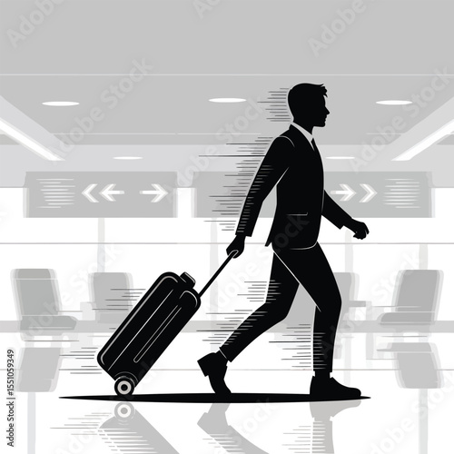 Businessman Silhouette Hurrying Through Airport Terminal Pulling Rolling Suitcase Black and White Vector Illustration