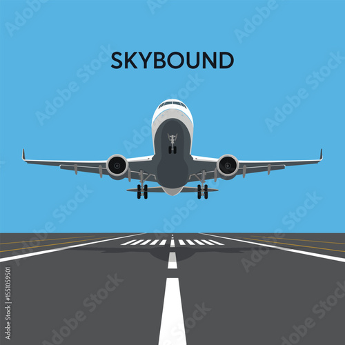 Airplane Landing Runway View Grey White Jet Aircraft Landing Gear Down Blue Sky Airport Ground Transportation Travel Journey Flight Airliner Commercial Aviation Skybound