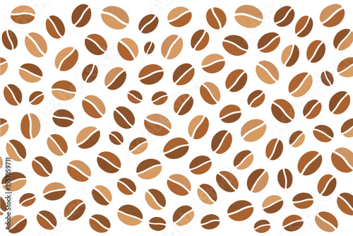 A graphic pattern of coffee beans in various shades of brown scattered across a white background. Vector Patterns