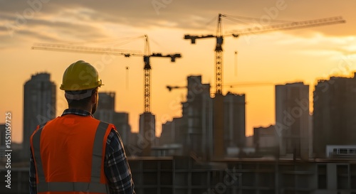 A construction worker wearing a safety vest and hardhat contemplates a city skyline at sunset, construction cranes towering behind him.  The warm sunset light illuminates the scene.