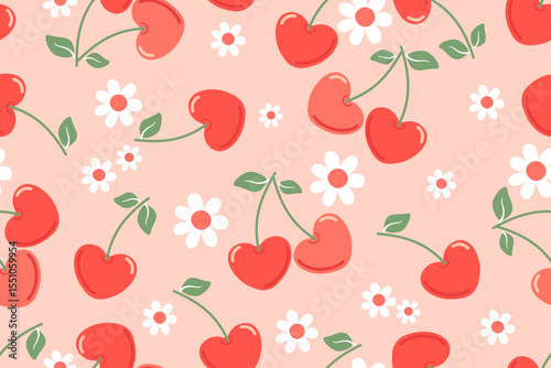 Summer seamless pattern with vector illustrations of fruits Hand drawn healthy food set and cherry cartoon background.	