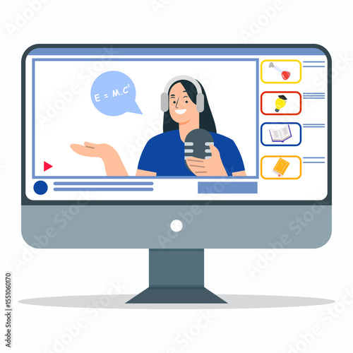 A young teacher explaining energy and mass equivalence formula on video lessons. Online education concept.