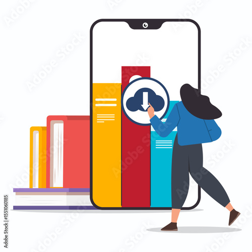A woman student standing on front of smartphone and clicking download button to downloading e-book. Online education concept.