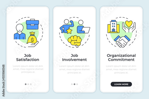 Job attitude onboarding mobile app screen. Teamwork organization. Walkthrough 3 steps editable graphic instructions with linear concepts. UI, UX, GUI. Montserrat SemiBold, Regular fonts used