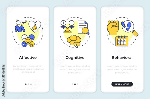 Job attitude components onboarding mobile app screen. Employee psychology. Walkthrough 3 steps editable graphic instructions with linear concepts. UI, UX, GUI. Montserrat SemiBold, Regular fonts used