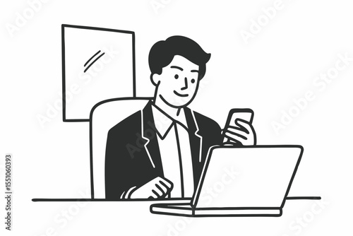 Middle aged Hispanic business manager ceo using cell phone mobile app, laptop. Smiling Latin or Indian mature man businessman holding smartphone sit in office working online on gadget with copy space