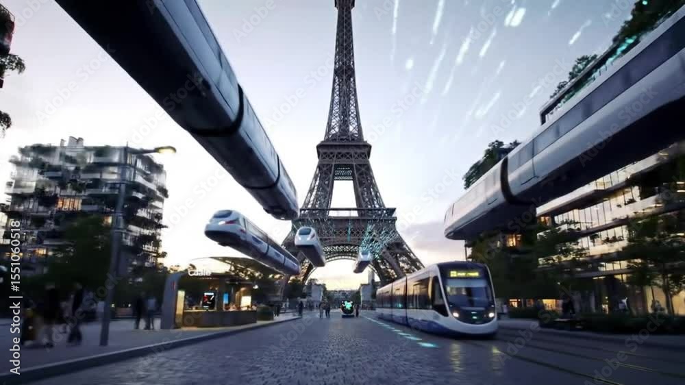 A reimagined Paris of the future, where the iconic Eiffel Tower stands amid levitating vehicles and high-speed hover transit. The blend of historic landmarks with advanced technology creates a dramati