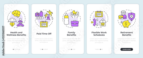 Employee benefits onboarding mobile app screen. Vacation, pension. Walkthrough 5 steps editable graphic instructions with linear concepts. UI, UX, GUI. Montserrat SemiBold, Regular fonts used