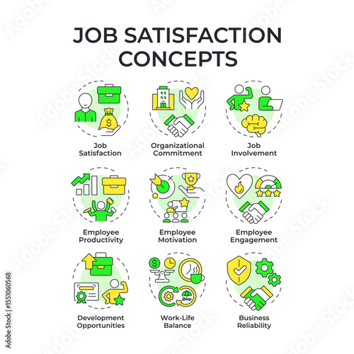 Job satisfaction multi color concept icons. Workflow organization. Employee motivation, productivity. Icon pack. Vector images. Round shape illustrations for article, blog post. Abstract idea