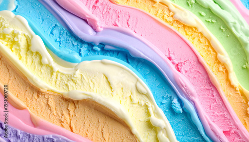 Swirls of pastel-colored ice cream, creamy texture, rainbow hues, close-up view showing delicious dessert