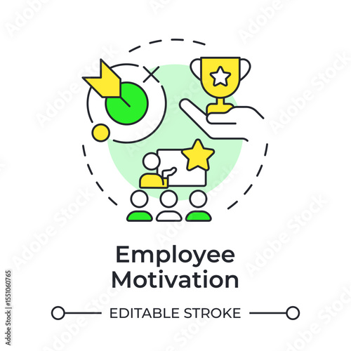 Employee motivation multi color concept icon. Target goal. Achievement, milestone. Meeting, teamwork. Round shape line illustration. Abstract idea. Graphic design. Easy to use in article, blog post
