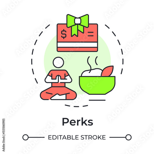 Perks multi color concept icon. Payment benefits, salary. Meditation, relaxation. Wellness programs. Round shape line illustration. Abstract idea. Graphic design. Easy to use in article, blog post