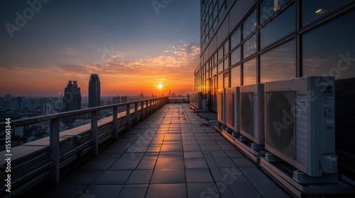 Rooftop HVAC units in premium commercial building, Clean rooftop air handlers during sunset, Highend VAC rooftop equipment at dusk,