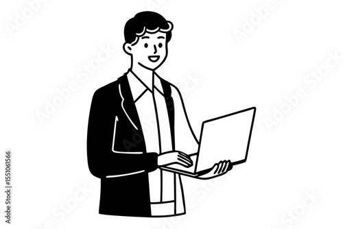 Portrait of young modern businessman standing holding laptop and looking at camera with happy smile, isolated on white