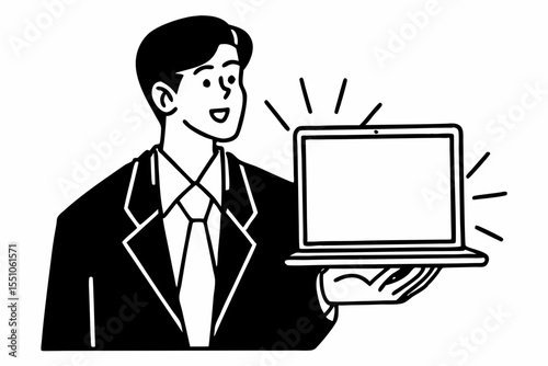 Portrait of young modern businessman standing holding laptop and looking at camera with happy smile, isolated on white