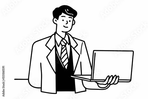 Portrait of young modern businessman standing holding laptop and looking at camera with happy smile, isolated on white