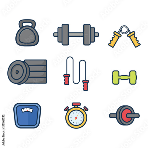 Flat Fitness Equipment Icons Set – Gym Tools and Workout Essentials in Vector Style