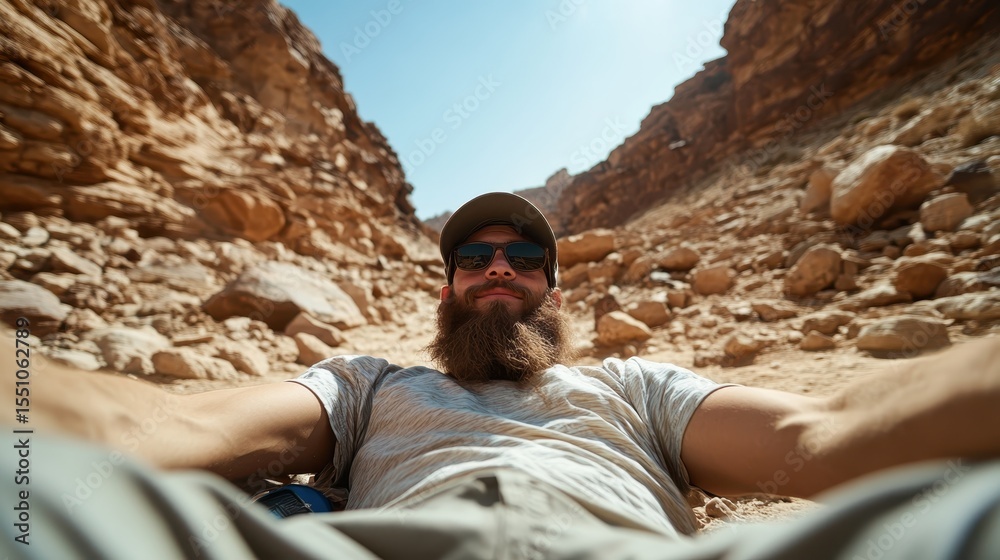 Fototapeta premium A cheerful man captures a selfie amidst a stunning desert landscape, showcasing his relaxed vibe and the arid beauty surrounding him, with a sense of adventure.