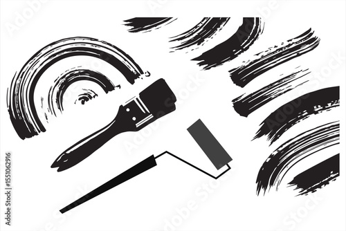 A collection of black and white brush strokes on a white background. Collection of abstract black paint brush strokes in a minimalist style. Strokes of black paint, brush, roller, spatula. Collection