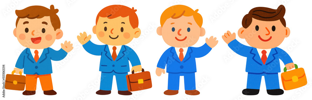 Obraz premium PNG Cartoon businessmen waving happily, element set on transparent background