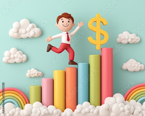 business graph with dollar symbol, businessman running up 3D bar chart in pastel cloud environment