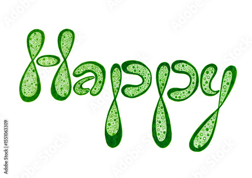 Doodle lettering word Happy. Isolated on white background. Gradient of green color.. Rounded letters. Outline of different thickness in different places. Filled with circles and dots. Drawing with ink