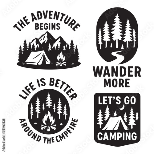 Outdoor adventure badge set featuring camping quotes and forest illustrations. 