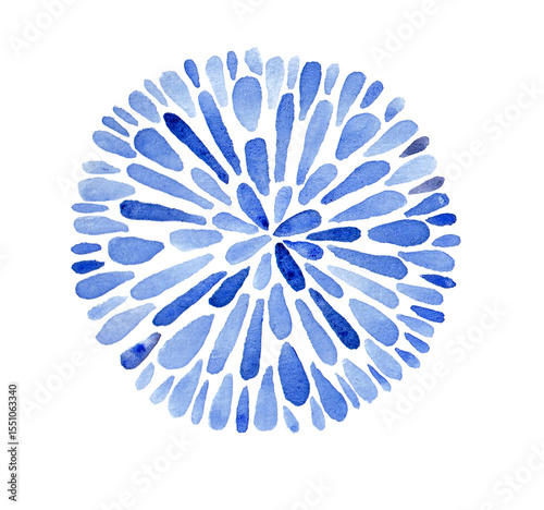 Stylized illustration of a round flower in watercolor. Blue color. Isolated on white background. Flower made of petals in the shape of drops of different sizes. Each petal has its own gradient. Decor.