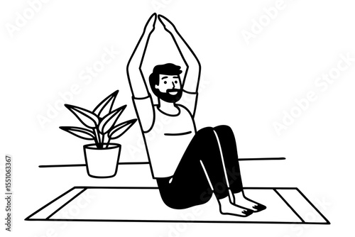 Sporty positive millennial indian man in homewear practicing yoga at home, sitting on fitness mat and stretching his body, copy space, enjoying morning workout, full length shot. Stress relief concept