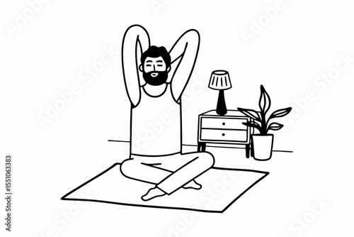 Sporty positive millennial indian man in homewear practicing yoga at home, sitting on fitness mat and stretching his body, copy space, enjoying morning workout, full length shot. Stress relief concept