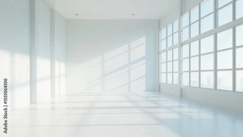 Fototapeta premium Empty white room, sunlight streams through large windows