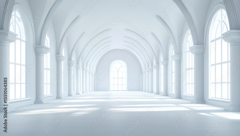 Obraz premium Empty, light-filled, arched hall with columns and large windows