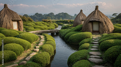 Japanese garden with rounded shrubs, stream, and traditional huts
