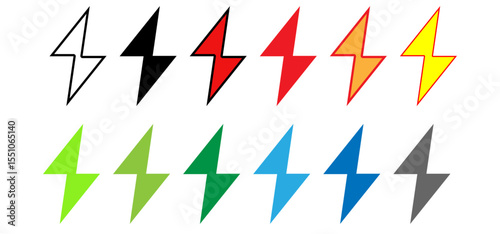 vector icon of a lightning bolt in four styles outlined and filled. High contrast black and white symbols representing electricity, power or energy. isolated on white background.