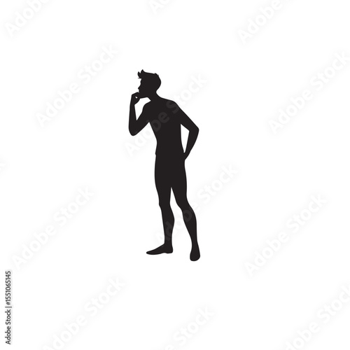 Vector art of silhouette of a man standing, hand on chin, in a pensive pose, isolated on white background