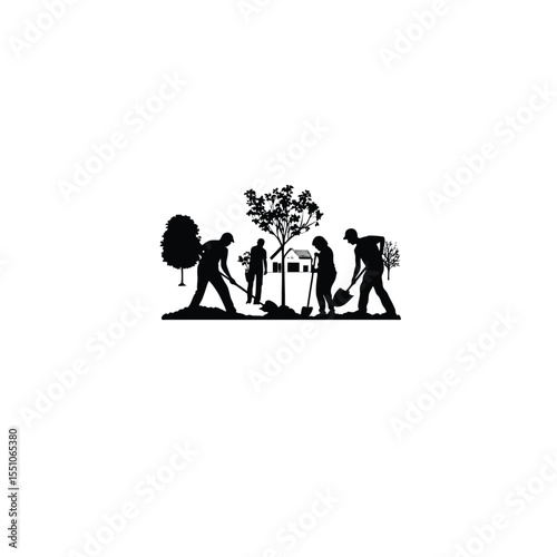 Silhouette of a group organizing a plant a tree day in a neighborhood on white background