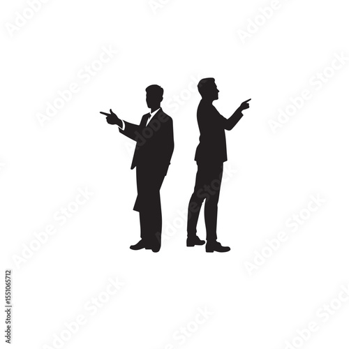 Vector art of silhouettes of two men in suits, both pointing in different directions, isolated on white background